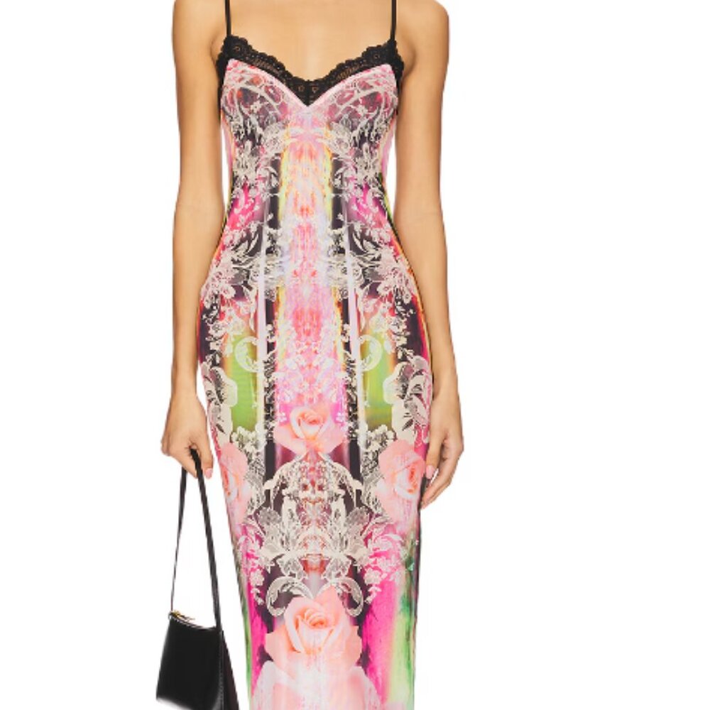 Floral Print Pink Slip Dress with Black Lace Trim